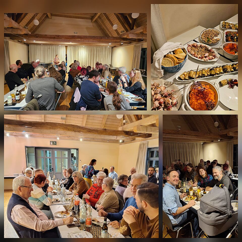 Collage: DRK Mitglieder bei der Winterfeier, Essen