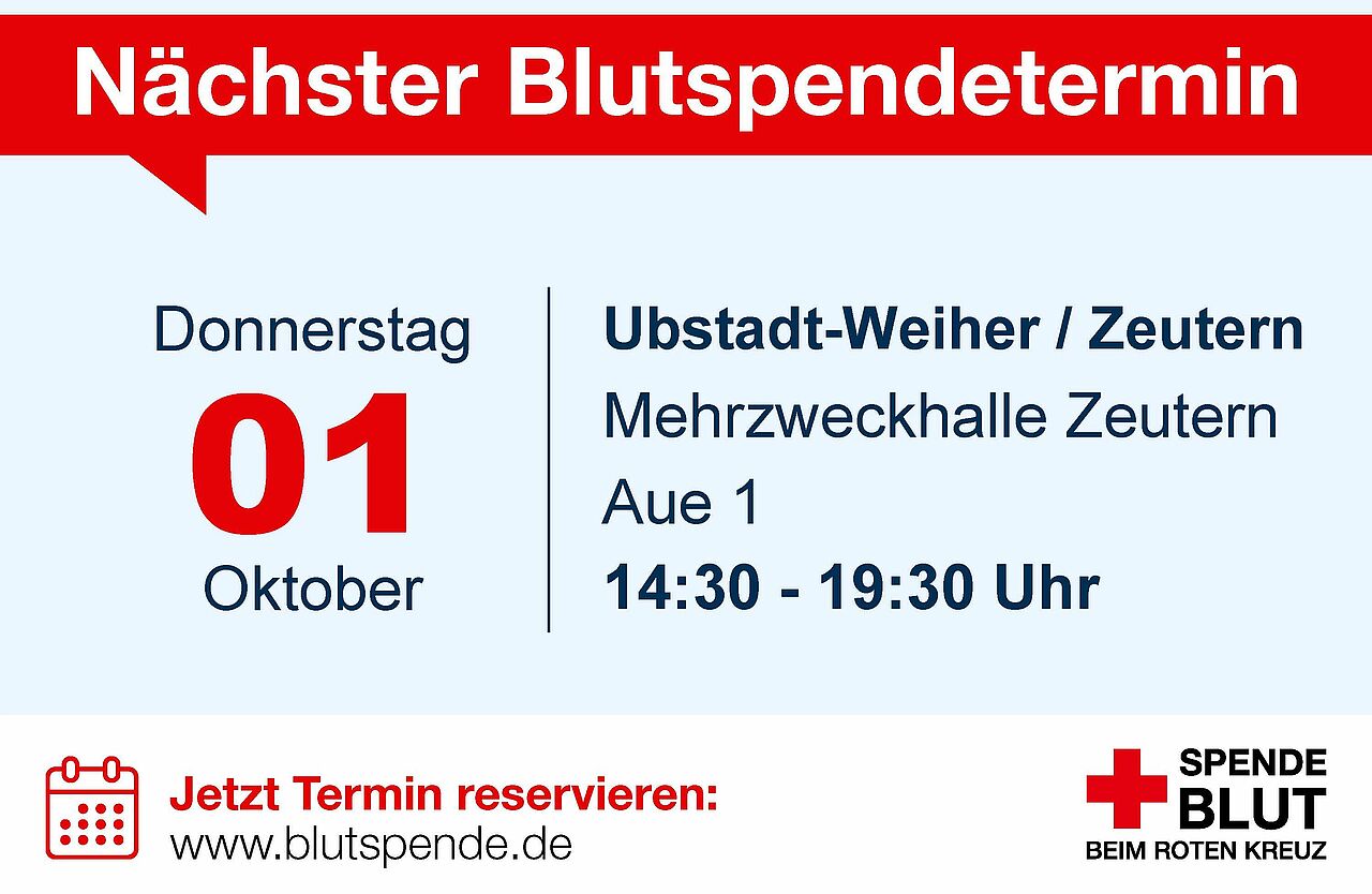 Blutspendeplakat 10/26 Plakat zu Blutspendetermin am 01.10.2026 ab 14.30 Uhr in Zeutern in der Mehrzweckhalle
